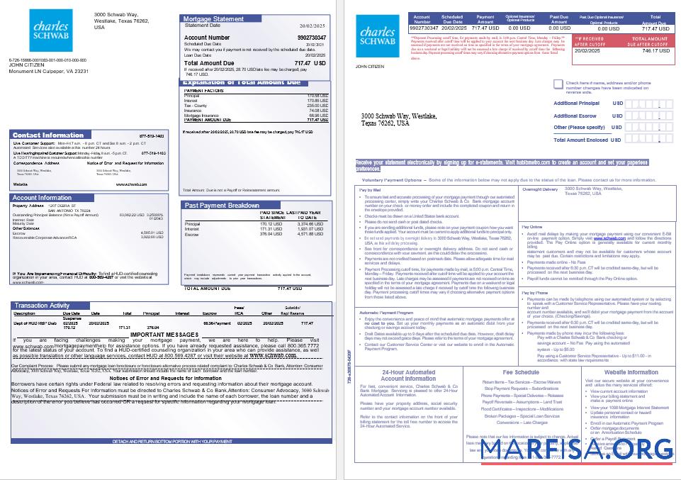 Downloadable USA Charles Schwab & Co bank mortgage statement in Word and PDF formats, 3 pages 1 2 download for verification